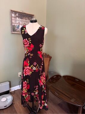 KorMei Floral High Low Midi‎ Dress Small Black Pink Tropical Sleeveless Rayon